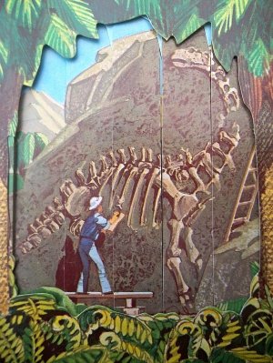 How dinosaur fossils are NOT found. From Dinosaurs: A Prunell magic Pop-Up Book, via LITC.